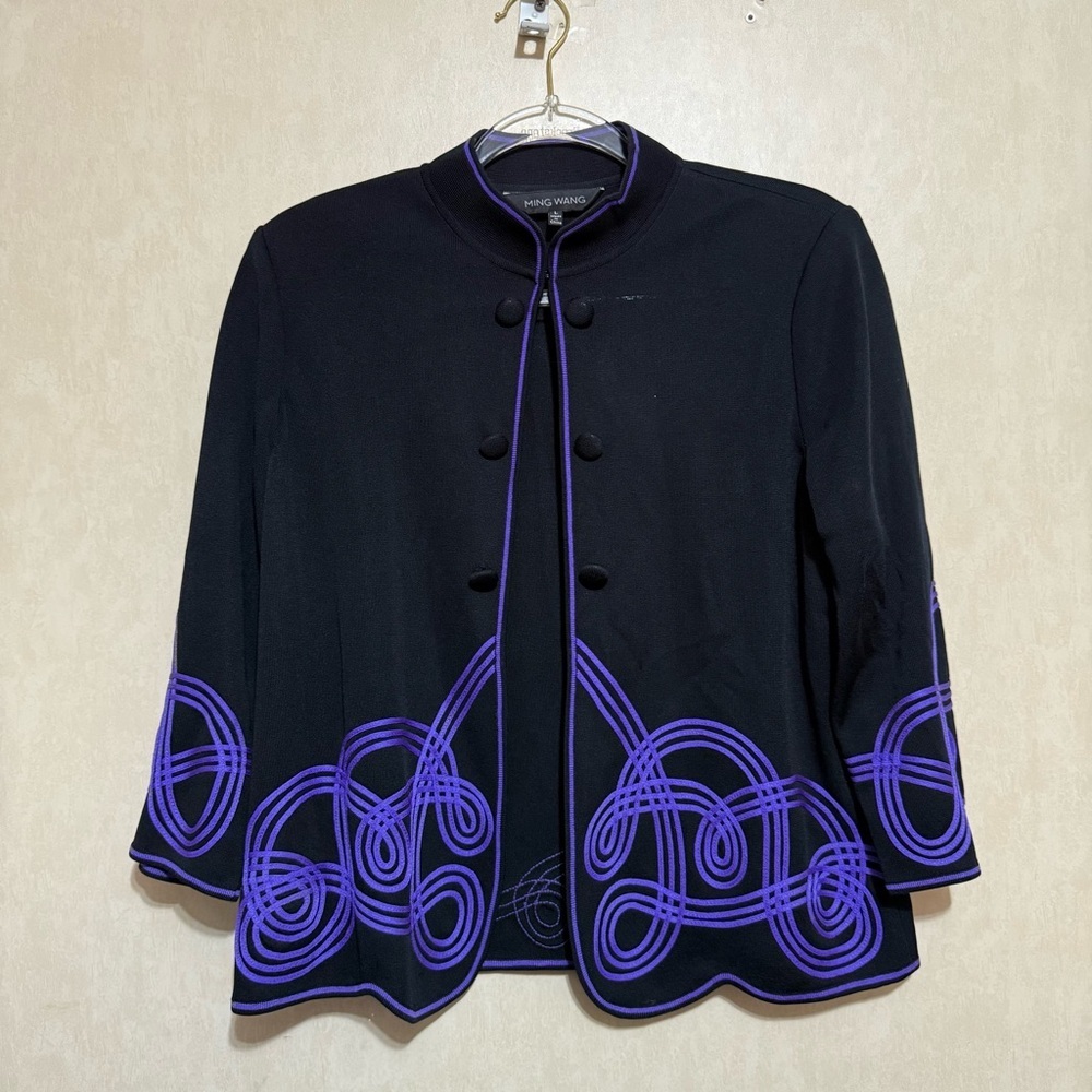 Ming Wang Black Purple Design Hook Eye Closure Open Front 3/4 Jacket